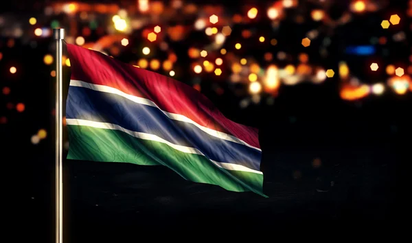 Gambia National Flag City Light Night Bokeh Background 3D — Stock Photo, Image