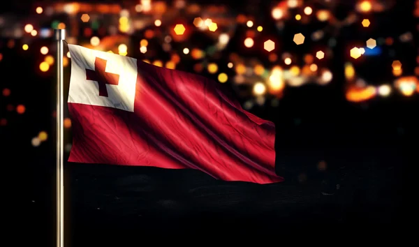 Tonga Bandeira Nacional Cidade Luz Noite Bokeh Fundo 3D — Fotografia de Stock