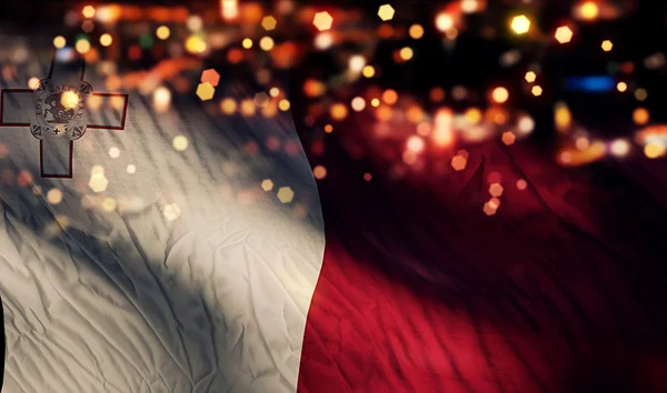 Malta Bandera Nacional Luz Noche Bokeh Resumen Antecedentes — Foto de Stock