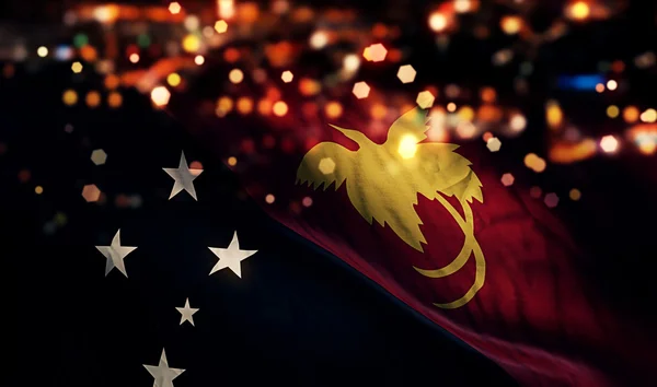 Papua Nya Guineas flagga ljus natt Bokeh abstrakt bakgrund — Stockfoto