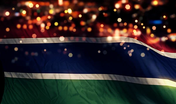 Gambia National Flag Light Night Bokeh Abstract Background — Stock Photo, Image