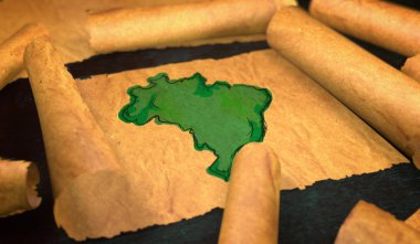 Brazil Map Painting Unfolding Old Paper Scroll 3D  clipart