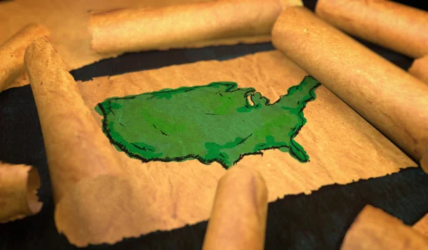 America Map Painting Unfolding Old Paper Scroll 3D — Stock Photo, Image