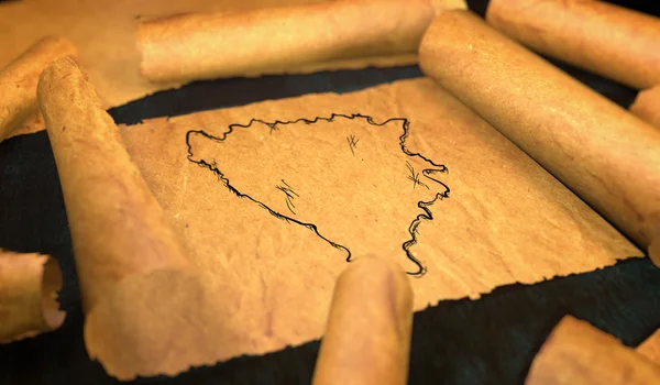 Bósnia e Herzegovina Mapa Desenho Desdobramento Rolagem de papel antigo 3D — Fotografia de Stock