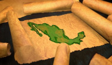 Mexico Map Painting Unfolding Old Paper Scroll 3D  clipart