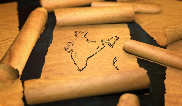 India Map Drawing Unfolding Old Paper Scroll 3D — Stock Photo, Image