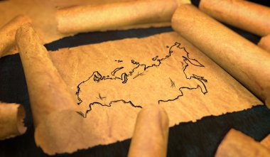 Russia Map Drawing Unfolding Old Paper Scroll 3D  clipart