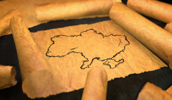 Ukraine Map Drawing Unfolding Old Paper Scroll 3D 