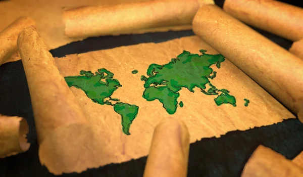 Världen karta måleri breder ut gamla papper rulla 3d — Stockfoto