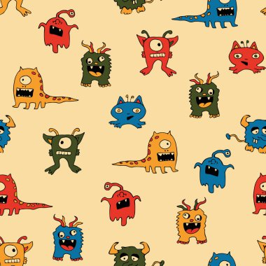 Pembe arka planda renkli canavarlar olan kusursuz bir vektör deseni. Çocuklar için basit bir karikatür duvar kağıdı tasarımı. Çizgi roman tekstili.