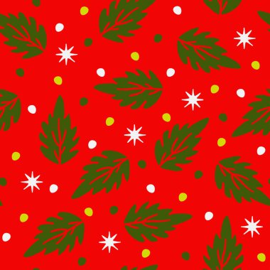 Kırmızı arka planda Noel yaprakları olan kusursuz vektör deseni. Mevsimlik duvar kağıdı tasarımı. Kağıt kaplama tekstili.