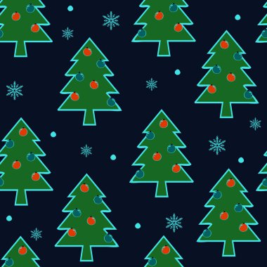 Mavi arka planda Noel ağaçları olan kusursuz vektör deseni. Basit dekoratif kış duvar kağıdı. Mevsimlik moda tekstili.