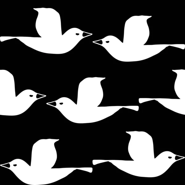 Padrão Vetorial Sem Costura Com Pássaros Brancos Fundo Preto Design — Vetor de Stock