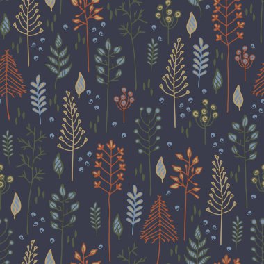 Mavi arka planda dalları olan kusursuz vektör deseni. Dekoratif orman duvar kağıdı tasarımı. Kış ağacı tarzı tekstil.