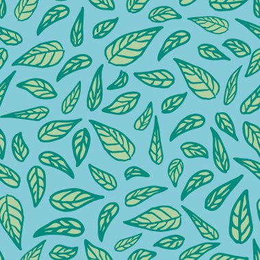 Mavi arka planda yaprakları olan kusursuz vektör deseni. Doğa deniz mavisi duvar kağıdı tasarımı. Dekoratif bitki moda tekstili.