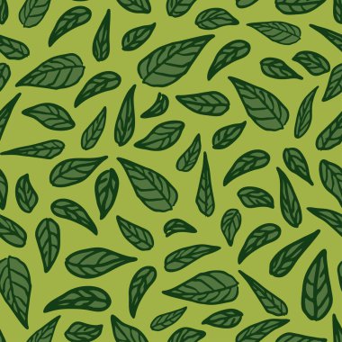 Yeşil arka planda yaprakları olan kusursuz vektör deseni. Basit çiçek duvar kağıdı dokusu. Botanik moda tekstil tasarımı..