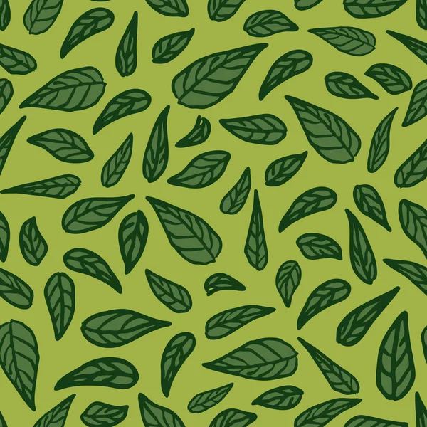 Yeşil arka planda yaprakları olan kusursuz vektör deseni. Basit çiçek duvar kağıdı dokusu. Botanik moda tekstil tasarımı..