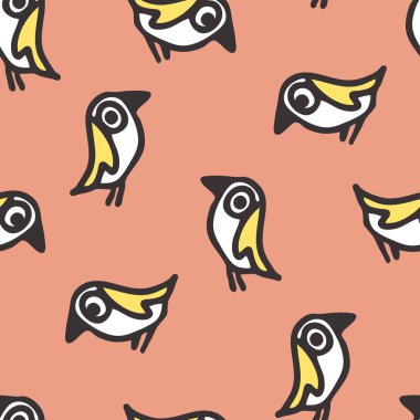 Pembe arka planda sarı kuşlar olan kusursuz vektör deseni. Güzel karikatür serçesi duvar kağıdı tasarımı. Dekoratif moda tekstili.