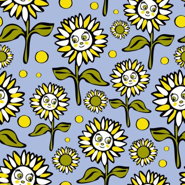 Mavi arka planda ayçiçekleri olan kusursuz vektör deseni. Çocuklar için komik karikatür, çiçek desenli duvar kağıdı tasarımı. El çizimi çiçek moda tekstili.
