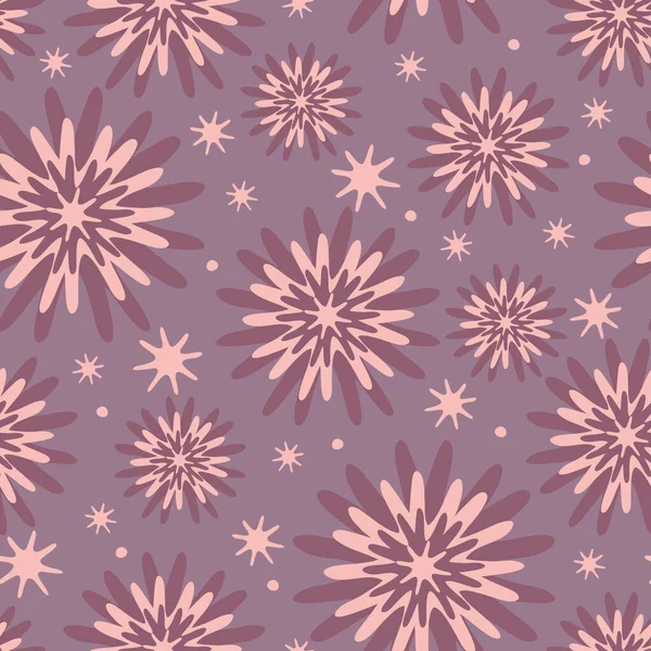 无缝隙向量图案 紫色抽象花朵 蓝色背景 圣诞雪花壁纸的设计 节庆花式时尚纺织品 — 图库矢量图片