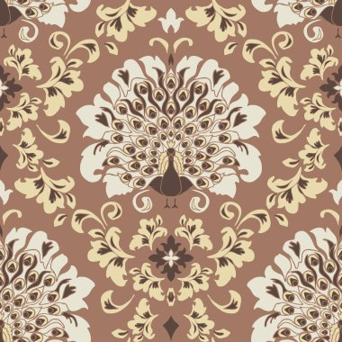 Yumuşak kahverengi arka planda Victorian tarzı kuş olan kusursuz vektör deseni. Tavuskuşu ile Damask duvar kağıdı tasarımı. Dekoratif Rönesans Tekstil Moda.