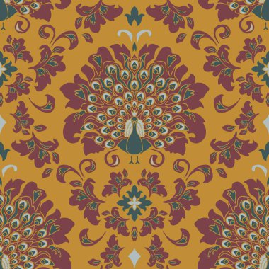 Sarı arka planda romantik kuşla kusursuz vektör deseni. Tavuskuşu ile klasik duvar kağıdı tasarımı. Viktorya tarzı tekstil.