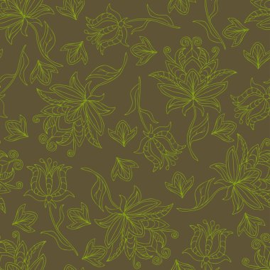 Kahverengi arka planda çizilmiş çiçekli kusursuz vektör deseni. Klasik çiçek desenli duvar kağıdı dokusu. Dekoratif botanik moda tekstili.