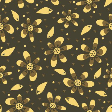 Kahverengi arka planda güzel el çizimleri olan kusursuz vektör deseni. Klasik çiçek desenli duvar kağıdı tasarımı. Basit papatya çayırı moda tekstili.