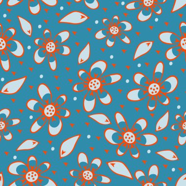 Parlak mavi arka planda elle çizilmiş, kusursuz vektör deseni. Geçmişe dönük çiçek desenli duvar kağıdı tasarımı. Papatya çayır moda tekstili.