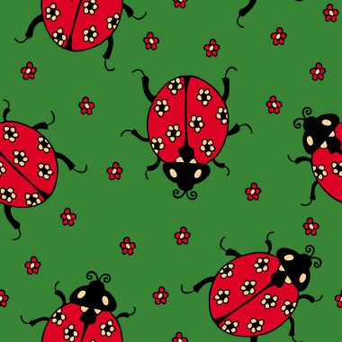 Yeşil arka planda uğur böcekleri olan kusursuz vektör deseni. Çocuklar için basit desenli uğur böceği duvar kağıdı tasarımı. Dekoratif parlak moda tekstili.