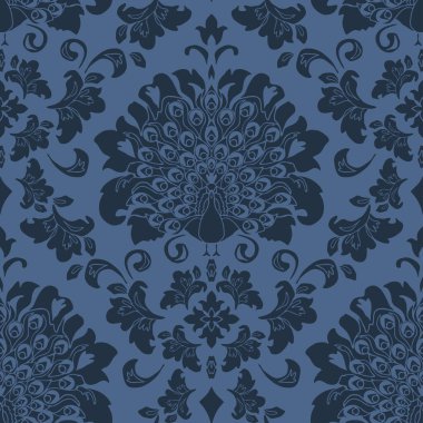 Mavi arka planda tropikal kuşla kusursuz vektör deseni. Tavus kuşlu romantik klasik duvar kâğıdı. Viktorya tarzı tekstil.