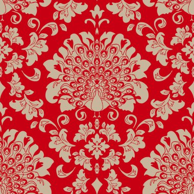 Kırmızı arka planda tavus kuşu desenli kusursuz vektör deseni. Romantik kuş işlemeli duvar kağıdı tasarımı. Dekoratif lüks tekstil.