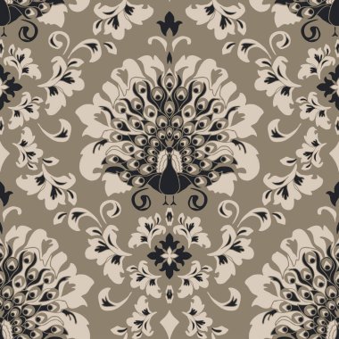 Gri arka planda damaske tavus kuşu desenli kusursuz vektör deseni. Kuşlu romantik Viktorya tarzı duvar kâğıdı. Dekoratif rokoko moda tekstili.