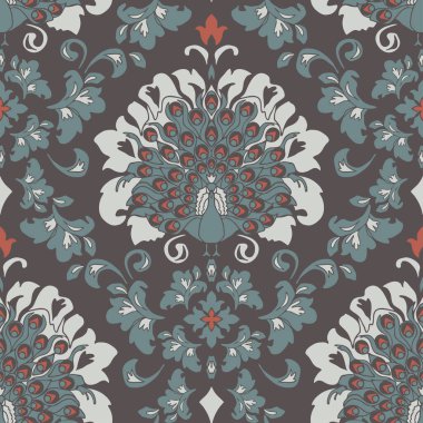 Gri arka planda damaske tavus kuşu desenli kusursuz vektör deseni. Mavi kuşlu romantik barok duvar kağıdı tasarımı. Viktorya tarzı tekstil.