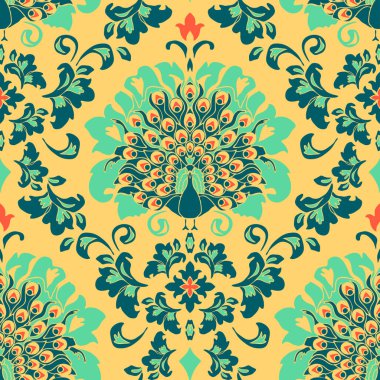 Sarı arka planda kusursuz vektör desenli damask tavus kuşu. Barok kuş duvar kağıdı tasarımı. Viktorya tarzı tekstil.