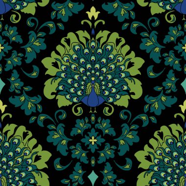 Siyah arka planda damaske tavus kuşu olan kusursuz vektör deseni. Kuşla romantik Viktorya tarzı duvar kağıdı tasarımı. Rococo lüks moda tekstili.