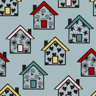 Mavi arka planda mutlu evleri olan kusursuz vektör deseni. Basit sanatsal aile duvar kağıdı tasarımı. Dekoratif şehir moda tekstili.