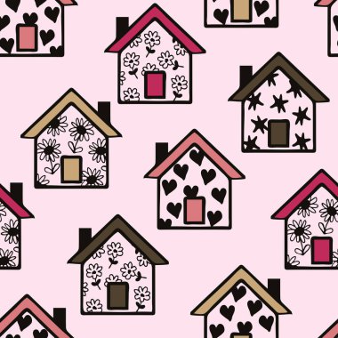 Pembe arka planda evleri olan kusursuz vektör deseni. Çocuklar için şirin bir aile duvar kağıdı tasarımı. Dekoratif şehir moda tekstili.