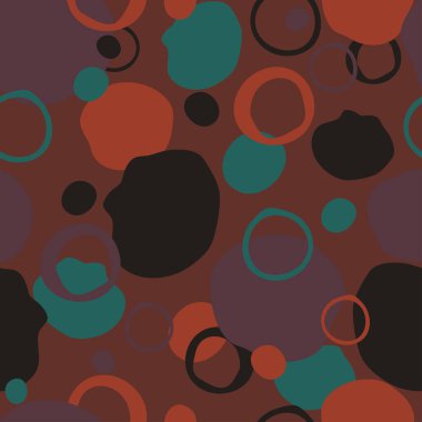 Kahverengi zemin üzerinde daire lekesi olan kusursuz vektör deseni. Modern sanatsal duvar kağıdı tasarımı. Dekoratif siyah balon moda tekstili.