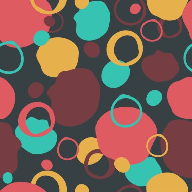 Gri arka planda parlak boya lekeleri olan kusursuz vektör deseni. Renkli baloncuklu basit modern duvar kağıdı tasarımı. Sanatsal moda tekstil dokusu.