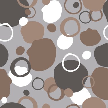 Gri arka planda kahverengi boya lekeleri olan kusursuz vektör deseni. Basit sanatsal duvar kağıdı dokusu. Dekoratif sıçrama moda tekstili.