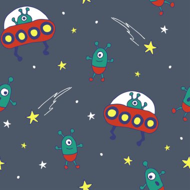 Gri arka planda uzaylılar olan kusursuz vektör deseni. Çocuklar için basit bir UFO duvar kağıdı tasarımı. Dekoratif uzay moda tekstili.