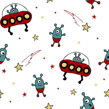 Beyaz arka planda elle çizilmiş uzaylılar olan kusursuz vektör deseni. Çocuklar için basit bir çizgi film uzay gemisi duvar kağıdı tasarımı. Dekoratif UFO moda tekstili.