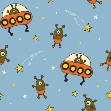 Mavi arka planda çizgi film uzaylıları olan kusursuz vektör deseni. Çocuklar için eğlenceli UFO duvar kağıdı tasarımı. Güzel galaksi moda tekstili..