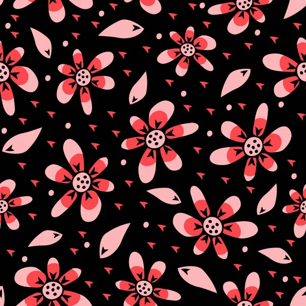 Patrón Vectorial Sin Costuras Con Flores Rosadas Fondo Negro Diseño — Archivo Imágenes Vectoriales