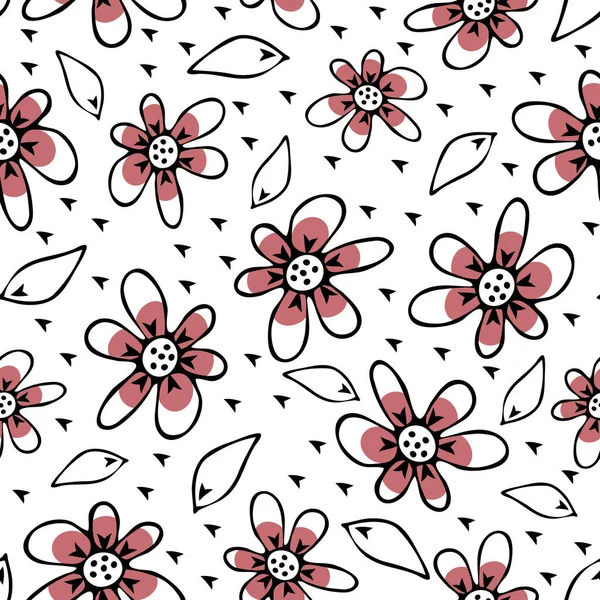Nahtloses Vektormuster Mit Handgezeichneten Blumen Auf Weißem Hintergrund Einfache Florale — Stockvektor