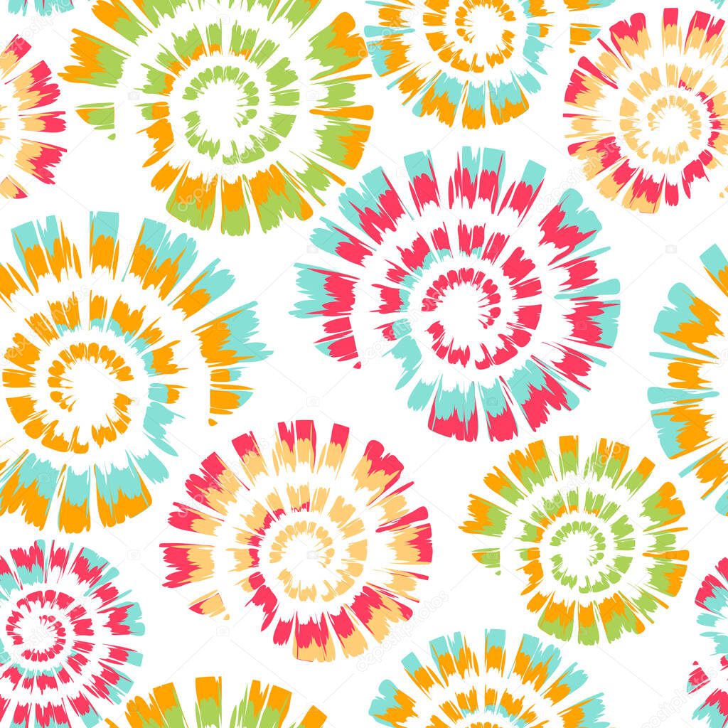 Seamless vector pattern with tie dye spiral on white background. Simple colourful spiral wallpaper design. Artistic deco fashion textile.