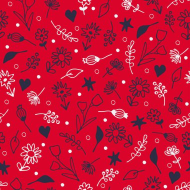 Kırmızı arka planda küçük çiçekli kusursuz vektör deseni. Basit bir çiçek desenli duvar kağıdı tasarımı. Sevimli eski moda tekstil.