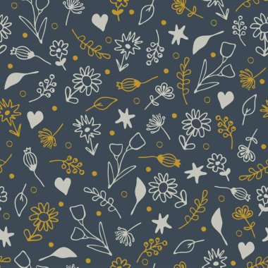 Mavi arka planda küçük çiçekler olan kusursuz bir vektör deseni. El çizimi duvar kağıdı tasarımı. Dekoratif retro moda tekstili.