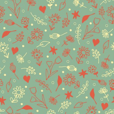 Seamless vector pattern with small flowers on pastel green background. Simple summer floral wallpaper design. Romantic wildflower fashion textile.